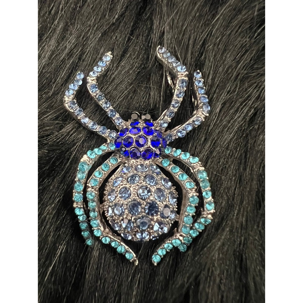 Blue Rhinestone Spider Brooch Pin Silver Tone Statement Jewelry